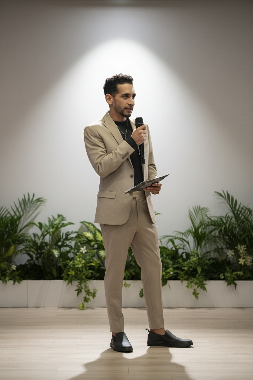 Victor Leão palestrando com microfone