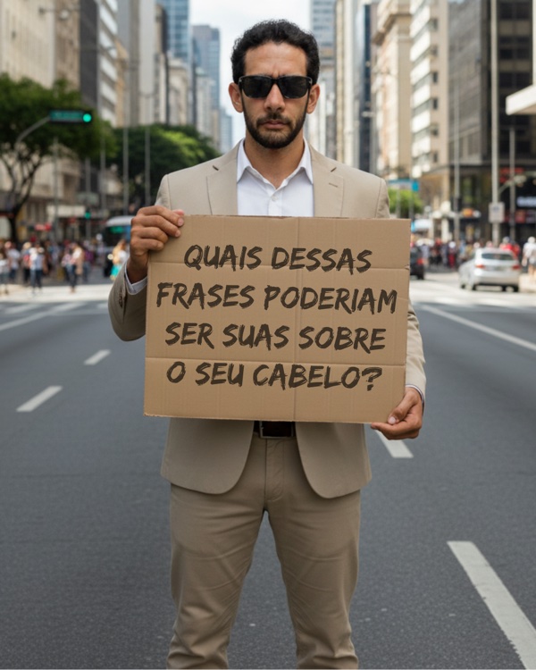 Victor Leão segurando placa: Quais dessas frases poderiam ser suas sobre o seu cabelo?